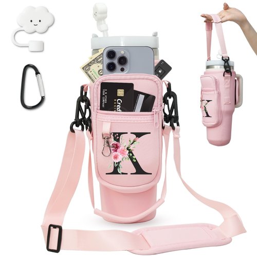 Sunegg Initial Water Bottle Carrier Bag for Stanley 40 oz Tumbler with Handle, Water Bottle Holder Pouch with Phone Pocket, Straw Cover & Carabiner, Nice Accessories for Stanley Cup(Pink K)