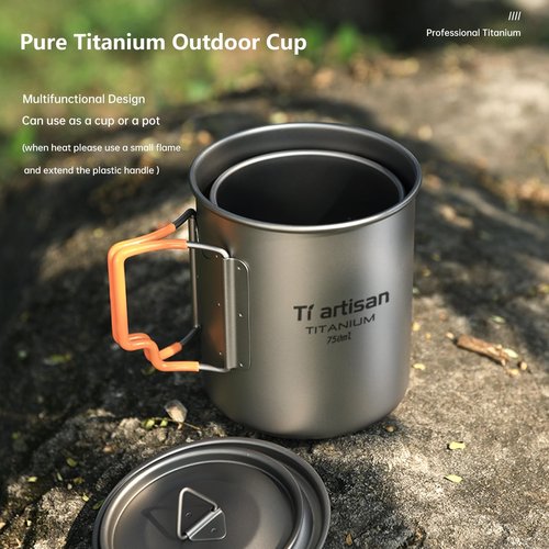 Ti artisan Titanium Cup Camping Pot Ultralight Coffee Mug 450ML/750ML Water Cup with Foldable Handles and Lid For Outdoor Camping Hiking Backpacking (450ML)