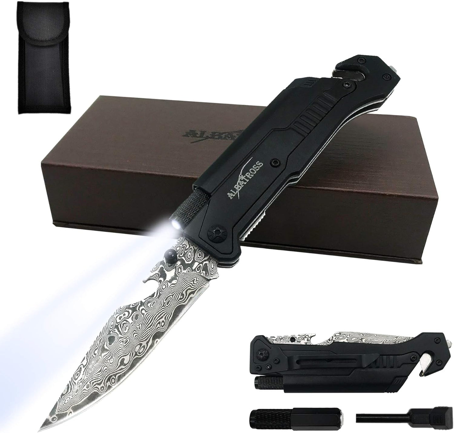 ALBATROSS 6-in-1 Survival Tactical Military Folding Pocket Knives with LED Light,Seatbelt Cutter,Glass Breaker,Magnesium Fire Starter,Bottle Opener;Multi-Function Emergency Tool(Black)
