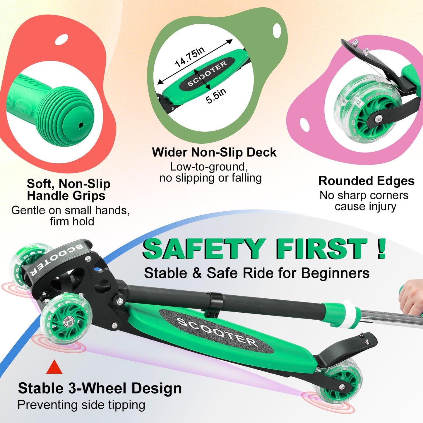 Kids Kick Scooter - LED Light Up 3 Wheel Kick Scooter for Kids 3-5, Adjustable Handlebar Height, Long Anti-Slip Deck,Heavy Duty Metal Scooters for Boys Girls Ages 3-5 5-7, up to 150 Lbs