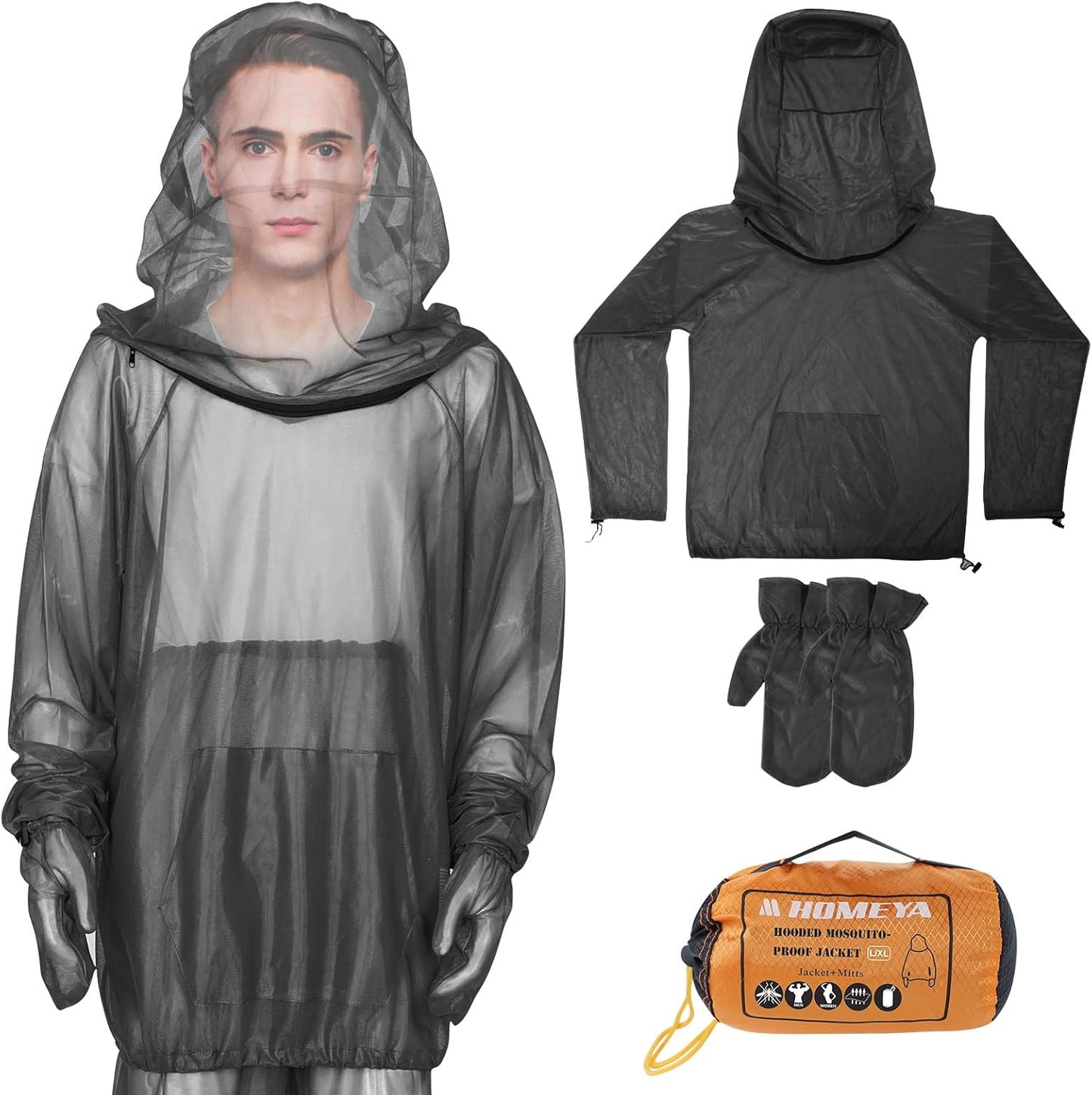 HOMEYA Bug Jacket L/XL, Anti Mosquito Netting Suit with Zipper on Hood Ultra-fine Mesh Pants Mitt Socks with Free Carry Pouch for Protecting Hunting Fishing Men Women