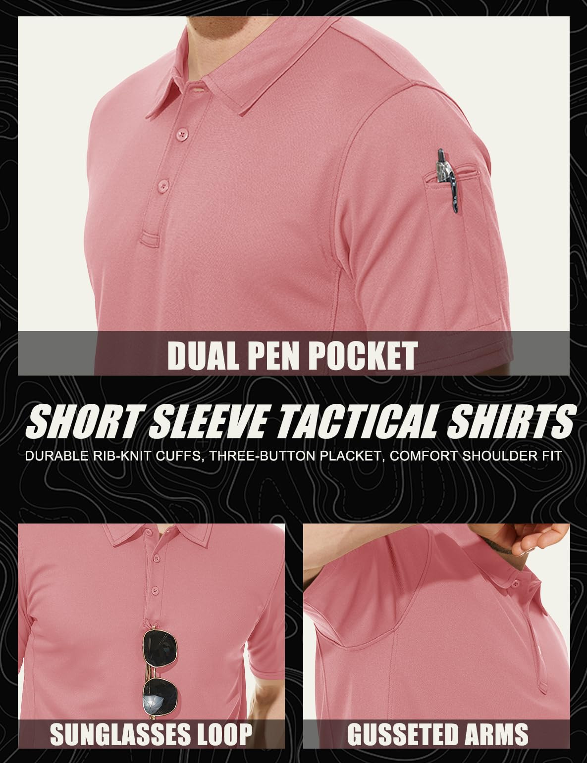 MAGCOMSEN Polo Shirts for Men T Shirts Golf Shirts Pique Short Sleeve Combat Shirt Tactical Shirt Grey Pink L