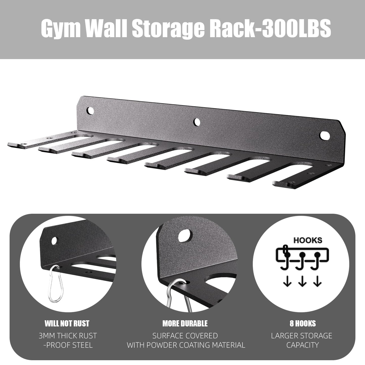 EVERYMATE Multi-Purpose Gym Equipment Storage Rack Heavy-duty 8 Hook, Home Gym Accessories Storage Rack, Barbell Holder Weight Racks for Resistance Bands Jump Ropes Carabiners Included（2PCS