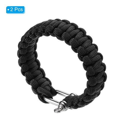 PATIKIL Survival Paracord Bracelets, 2 Pack Braided Bracelet with U-shaped Stainless Steel Buckle Party Favors Camping Gifts Outdoor Wraps for Men, Black