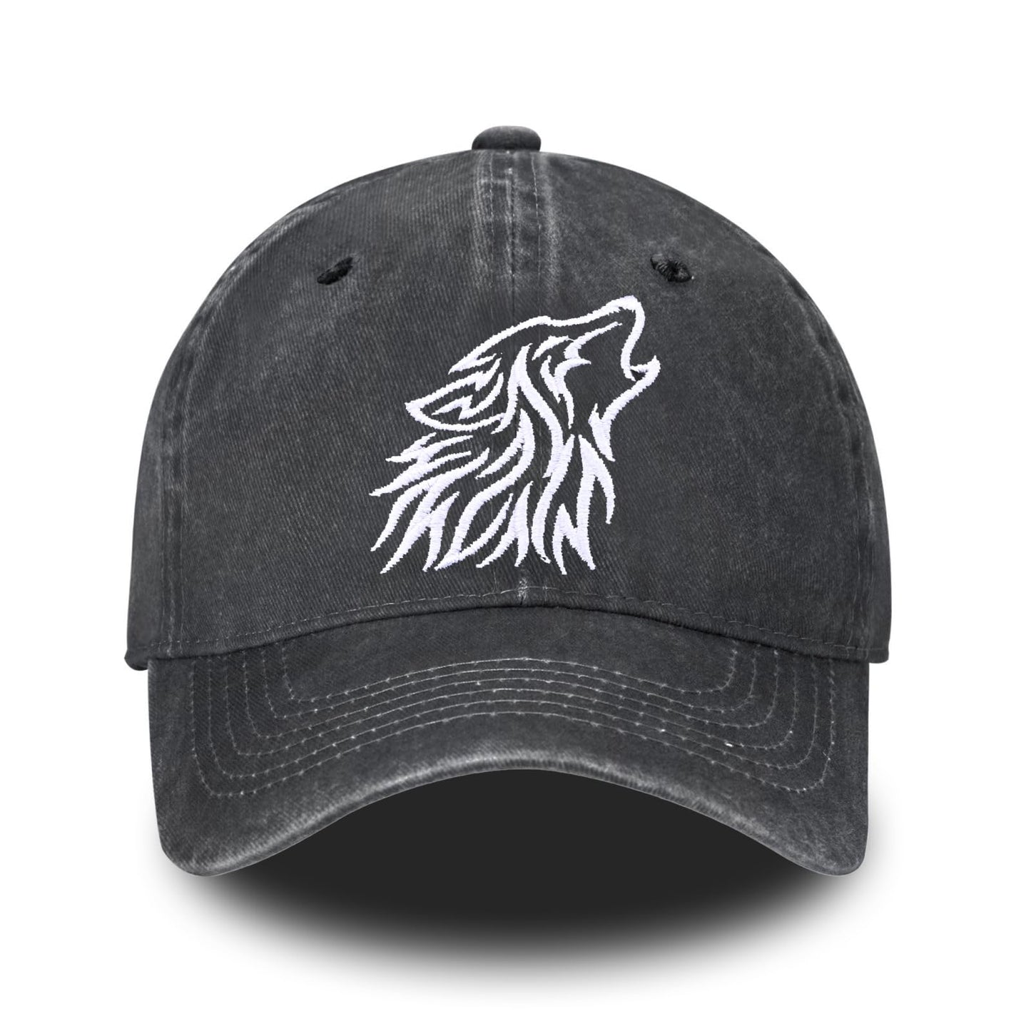 Animal Tribal Wolf Embroidered Baseball Cap for Women Men Vintage Adjustable Washed Distressed Denim Baseball Hat