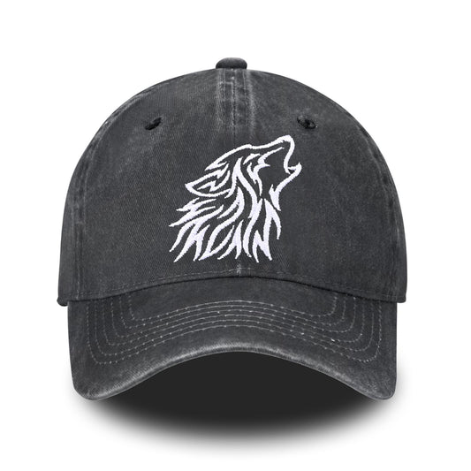 Animal Tribal Wolf Embroidered Baseball Cap for Women Men Vintage Adjustable Washed Distressed Denim Baseball Hat