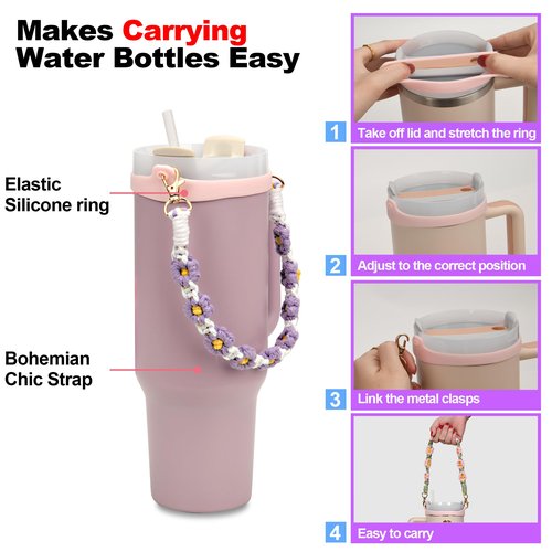Wongeto Water Bottle Handle Strap - Compatible with Stanley Cup Accessories - for Stanley Cup 40oz & 30oz Tumbler(Purple Flower)
