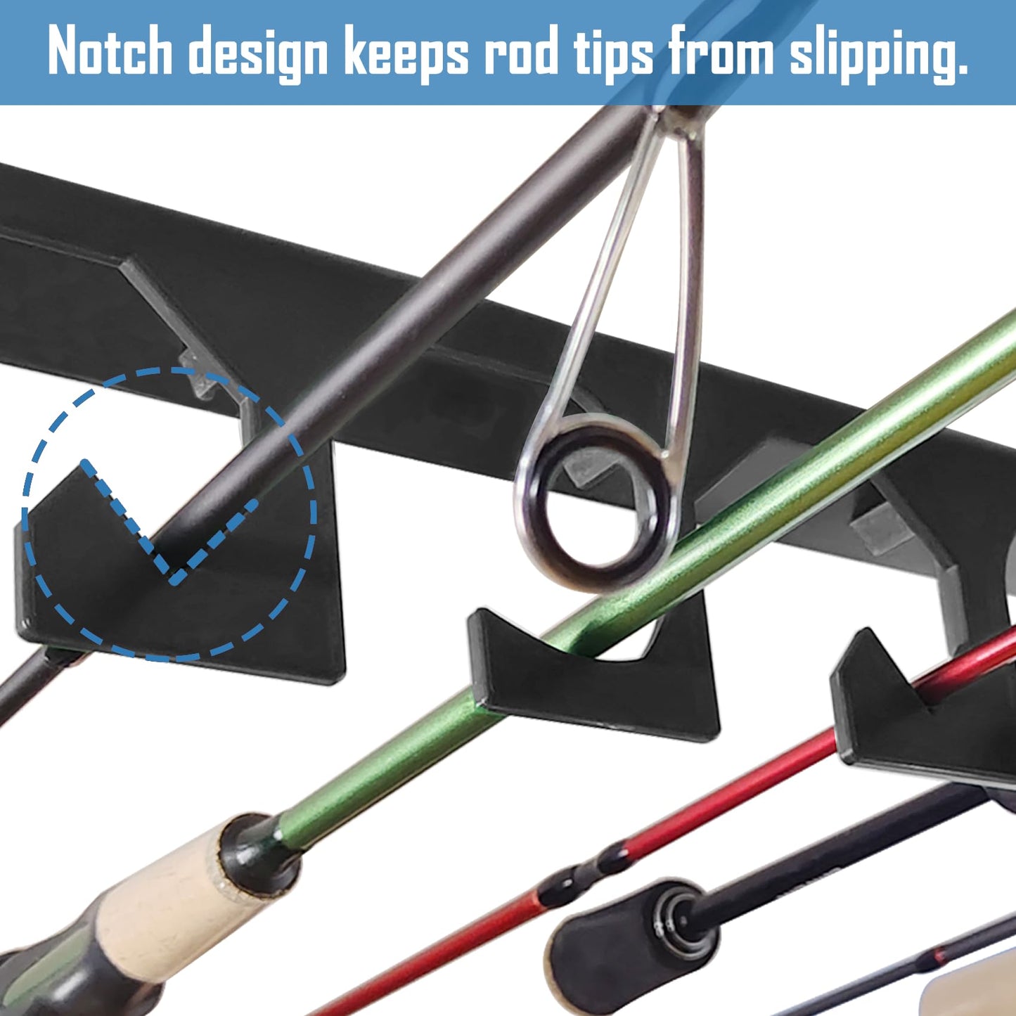 Aventik Horizontal Fishing Rod Holder for Garage Wall or Ceiling Mounted Fishing Pole Holder Holds 6 Rods or Combos, Fishing Rod Rack for Wall, Fishing Rod Storage Organizer (Black)