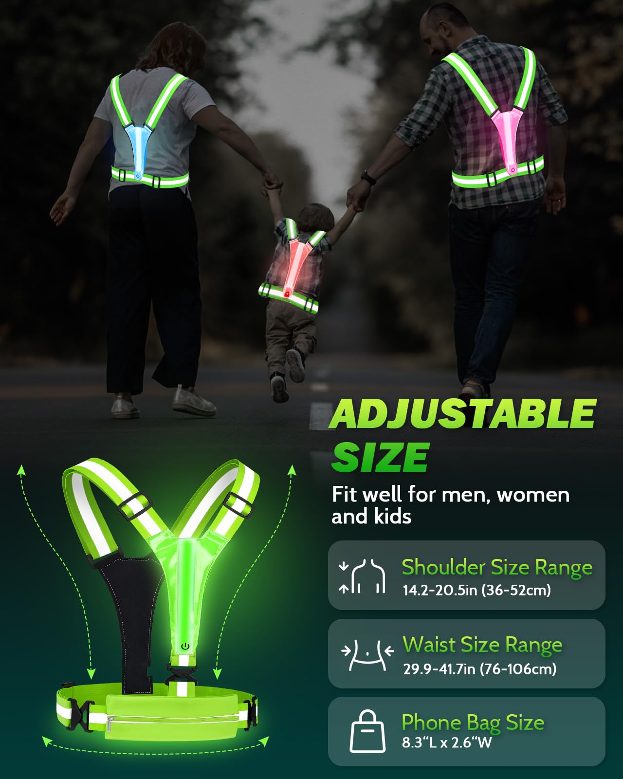Fitense LED Reflective Running Vest with Phone Holder, 5 Colors Light Up Running Vest Rechargeable Running Lights for Runners High Visibility Reflective Running Gear, Adjustable for Men and Women