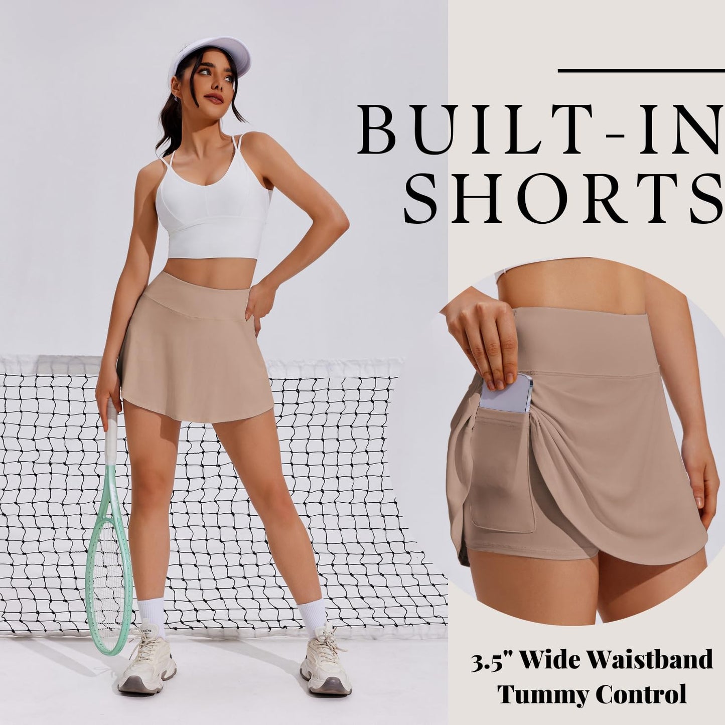 PINSPARK Women Tennis Skirt with Pocket Pleated Golf Skirt Workout Running Athletic Skort Tennis Clothes,Light Coffee X-Small