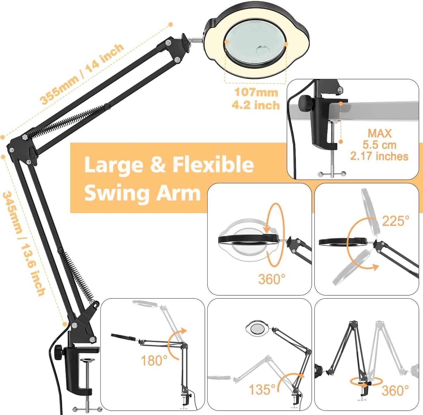 Magnifying Glass with Light and Clamp, 15X 10X Desk Magnifying Lamp, 84 LED Real Glass Lens Magnifier, 5 Color Modes Stepless Dimmable, Adjustable Hands Free Table Lamp for Repair Crafts Hobby Sewing