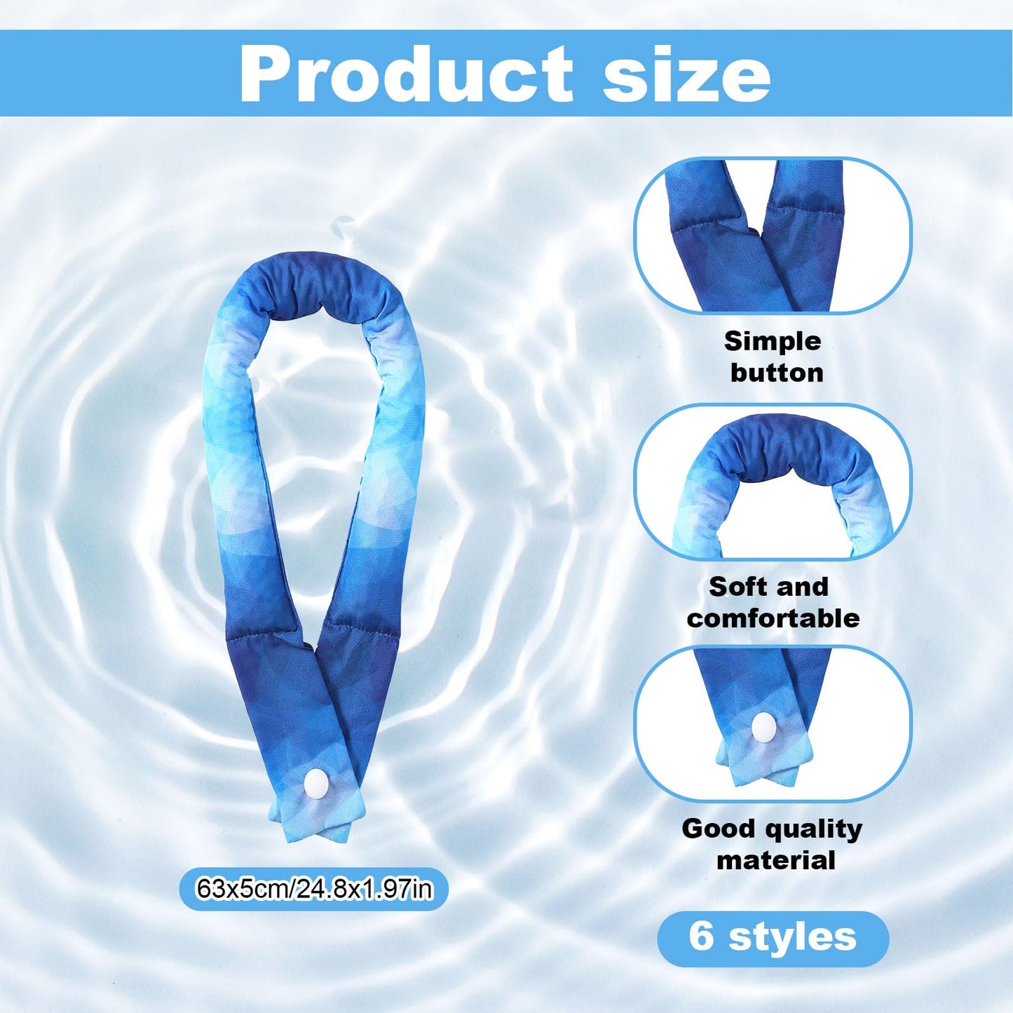 6pcs Cooling Neck Wraps, 24.8x1.97in Neck Cooler Bandanna with Button Neck Cooling Ice Pack Cool Scarf Neck Wrap for Walking Riding Outdoor Hot weather (Tie dye)