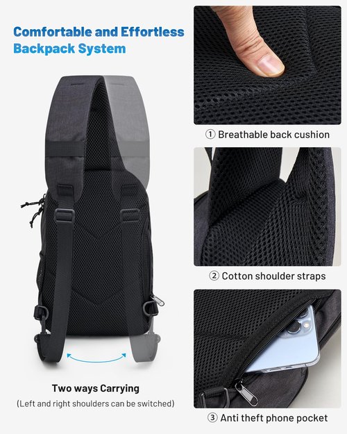 OIWAS Sling Bag Crossbody Backpack for Men, One Strap Backpack Hiking Daypack Chest Bag for Women Large Capacity Water Resistant Shoulder Bags (black)