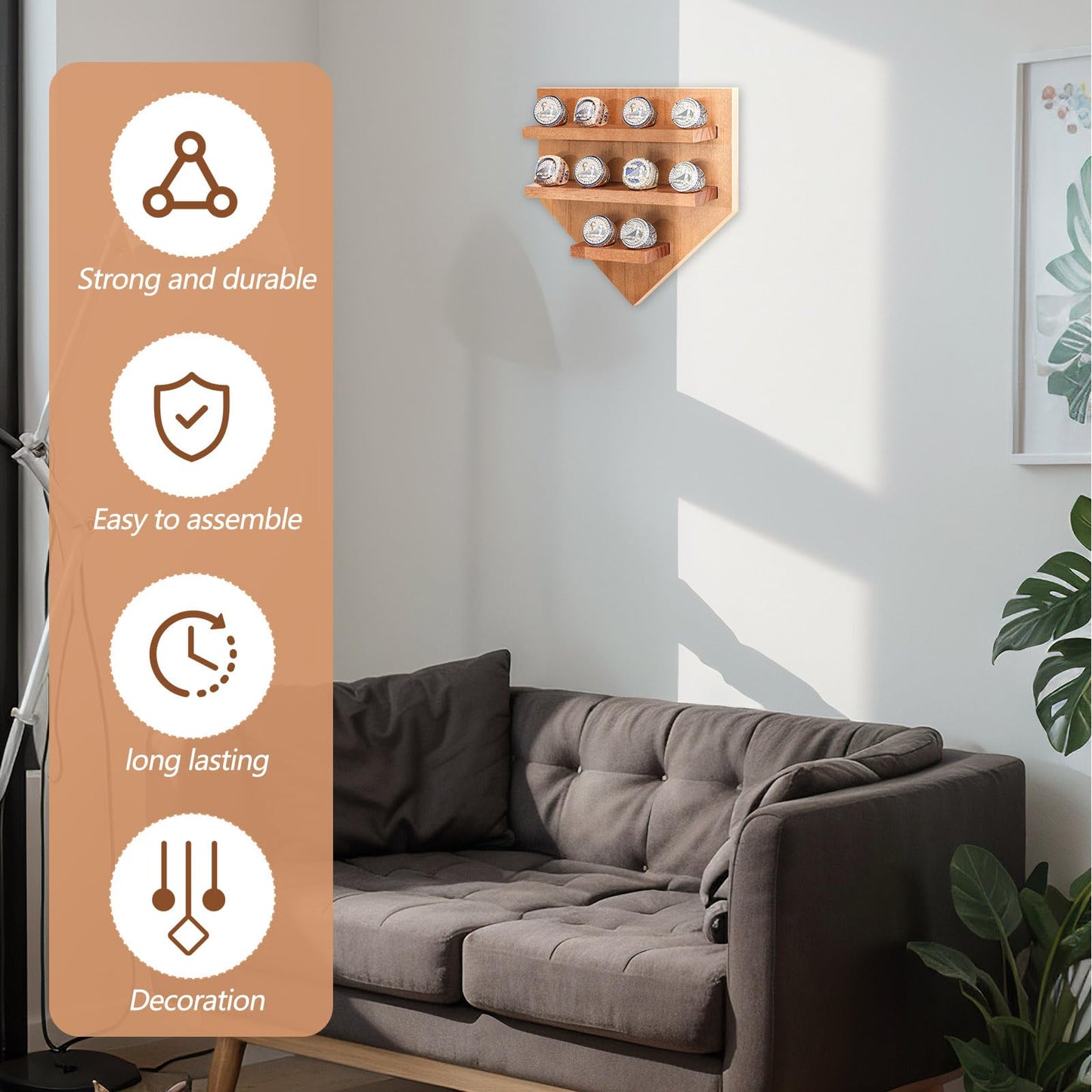 Foilswirl Championship Ring Display Case - 10 Posts Sports Holder Stand 8.6 x 8.5 In Wall Mount Storage Organizer - Gift for Baseball Basketball Football Softball Men Award