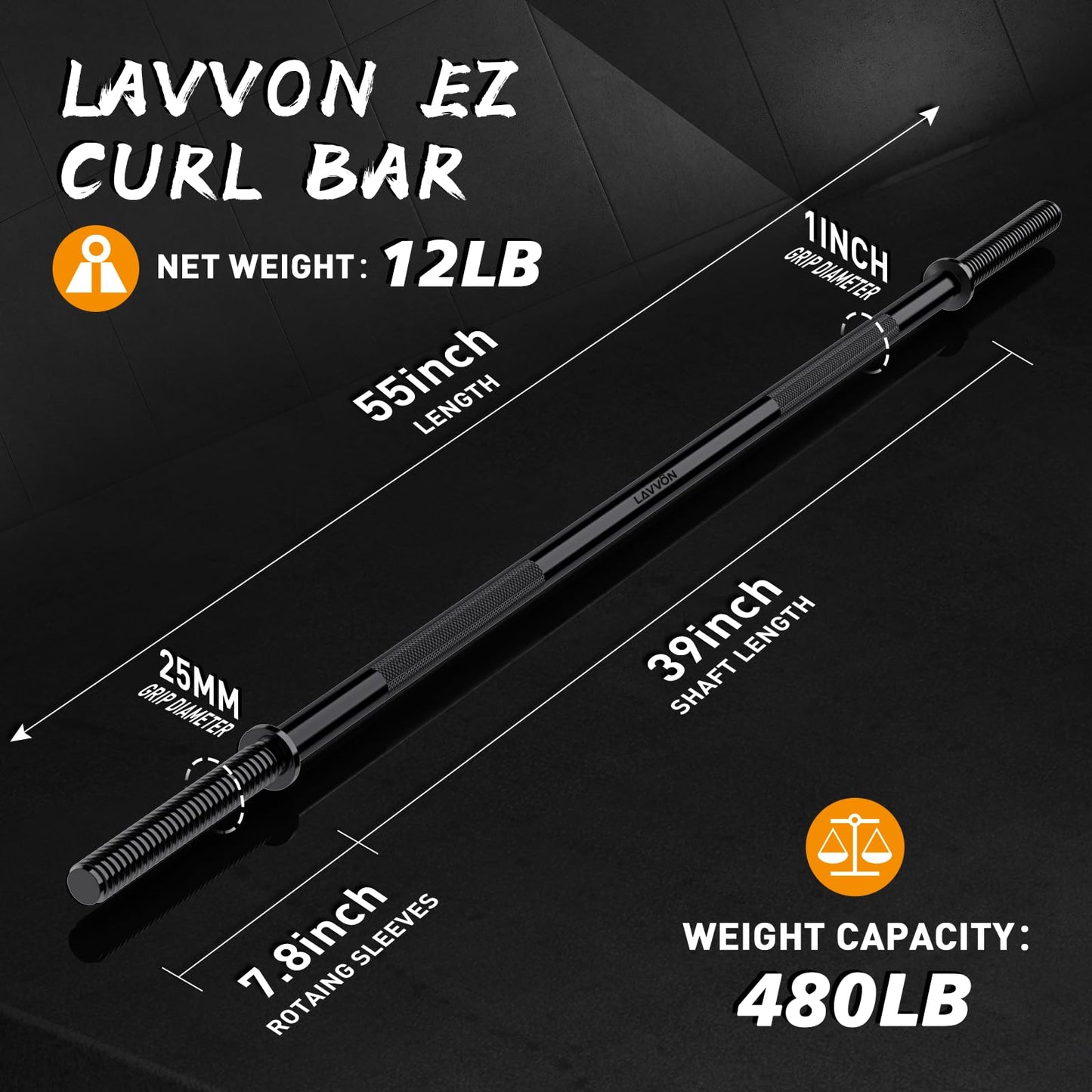 55" Weight Lifting Bar, 1" Standard Straight Barbell Bars for Weight lifting, Olympic Barbell Bar for Bench Press/Hip Thrusts/Squats/Lunges for Gym and Home, 2 Star Star-nuts (480lb Weight Capacity)
