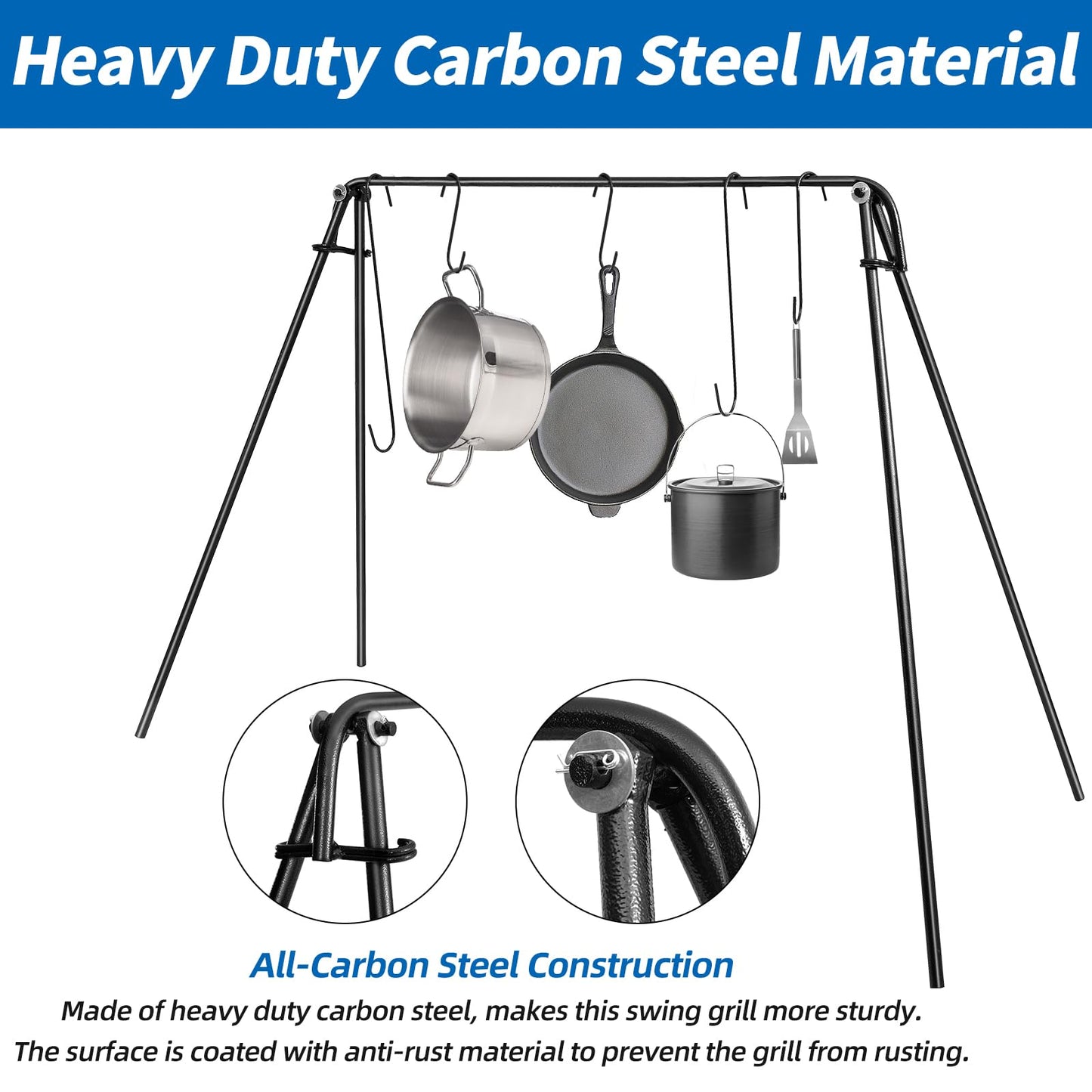HONYTA Campfire Swing Cooking Grill Stand, Portable Hanging Cooking Rack with Collapsible Legs Adjustable Grill Grate and Hooks for Outdoor BBQ Picnic Cookware Party