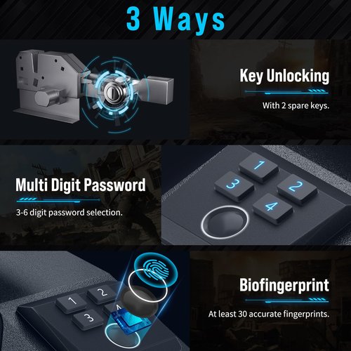 CLUTTO Biometric Slider Gun Safe for Handgun, Fingerprint Gun Safe Supports Quickly Access with 3 Ways, Fingerprint, PIN Code and Keypad (Black)