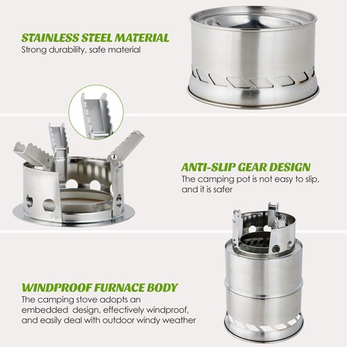 MEETSUN Camping Cooking Set with 1.5L Pot, Camping Cookware Set for 2-3 Person,Camping Mess Kit with Kettle and Portable Mini Wood Buring Stove for Camping Hiking Backpacking