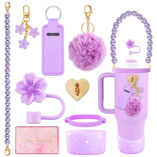 Lestp Accessories Set for Stanley Cup Water Bottle Holder Strap Straw Cover Cap for Stanley Cup Charms Boot Flower Purple Tumbler 30oz 40oz Accessories Cute Silicone Straw Topper Charms Boot Holder