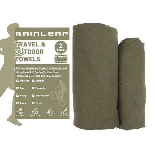 Rainleaf 2 Pack Microfiber Quick Dry Travel Towel, Super Absorbent Ultra Compact Lightweight Camping Towel for Gym, Hiking, Pool, Yoga - Army Green