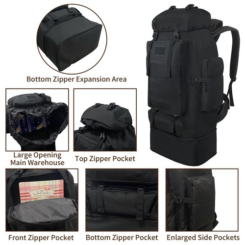 Vaupan Hiking Backpack, 100L Large Camping Backpack, Expandable Waterproof MOLLE Rucksack, Outdoor Sport Travel Daypack Military Tactical Back pack for Men Women (Black)