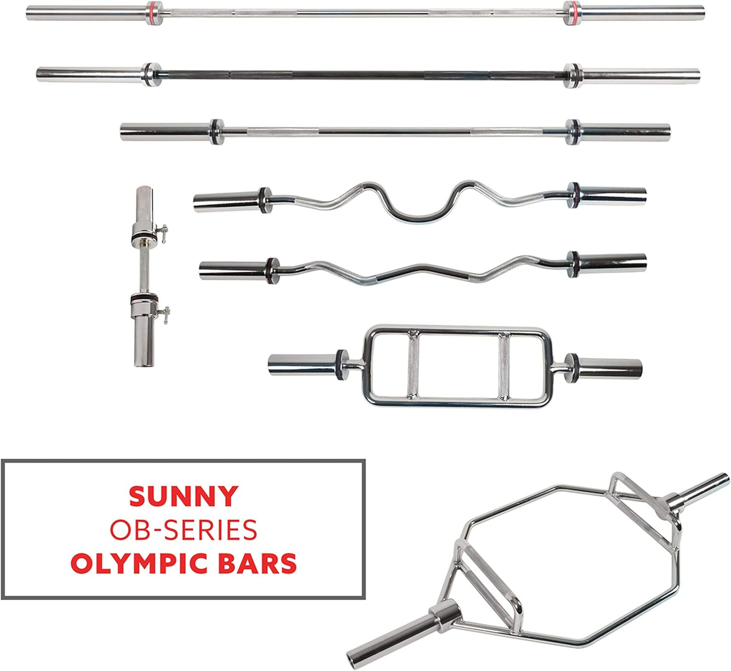 Sunny Health & Fitness Olympic Single Barbell Bar, 20" Heavy Duty Dumbell Handle with Locking Ring Collars, Loadable Sleeve, Brass Brushing, Fit 2 Inch Standard Weight Plate, Chrome, OB-20