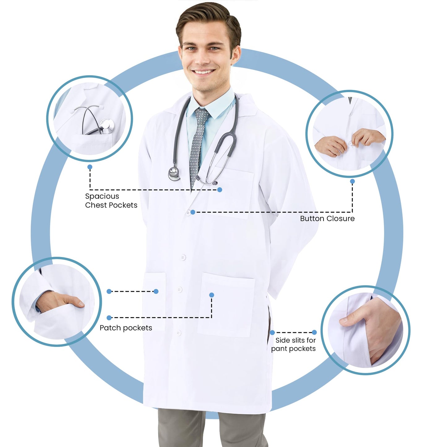 NY Threads Professional White Lab Coat for Men, Long Sleeve Medical Coat 1 Pack, Small, Navy