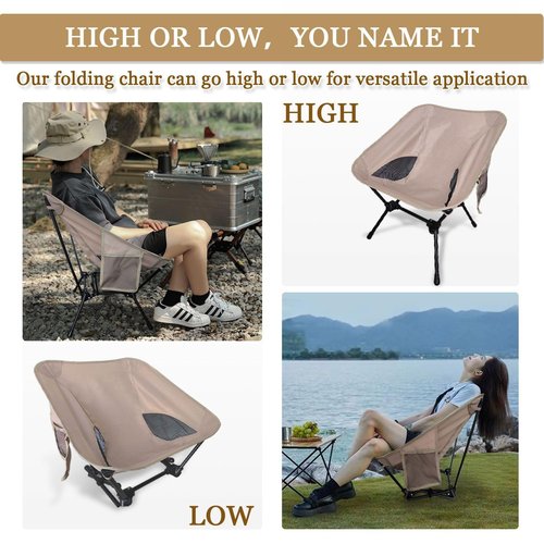 TOUTEK Compact Chairs Travel Chair Portable Camping Chair, Backpacking Chair with Anti Sinking Rubber Feet and Side Pockets, Adjustable Carrying 320bls Lightweight Camping Chair for Adult (Beige)
