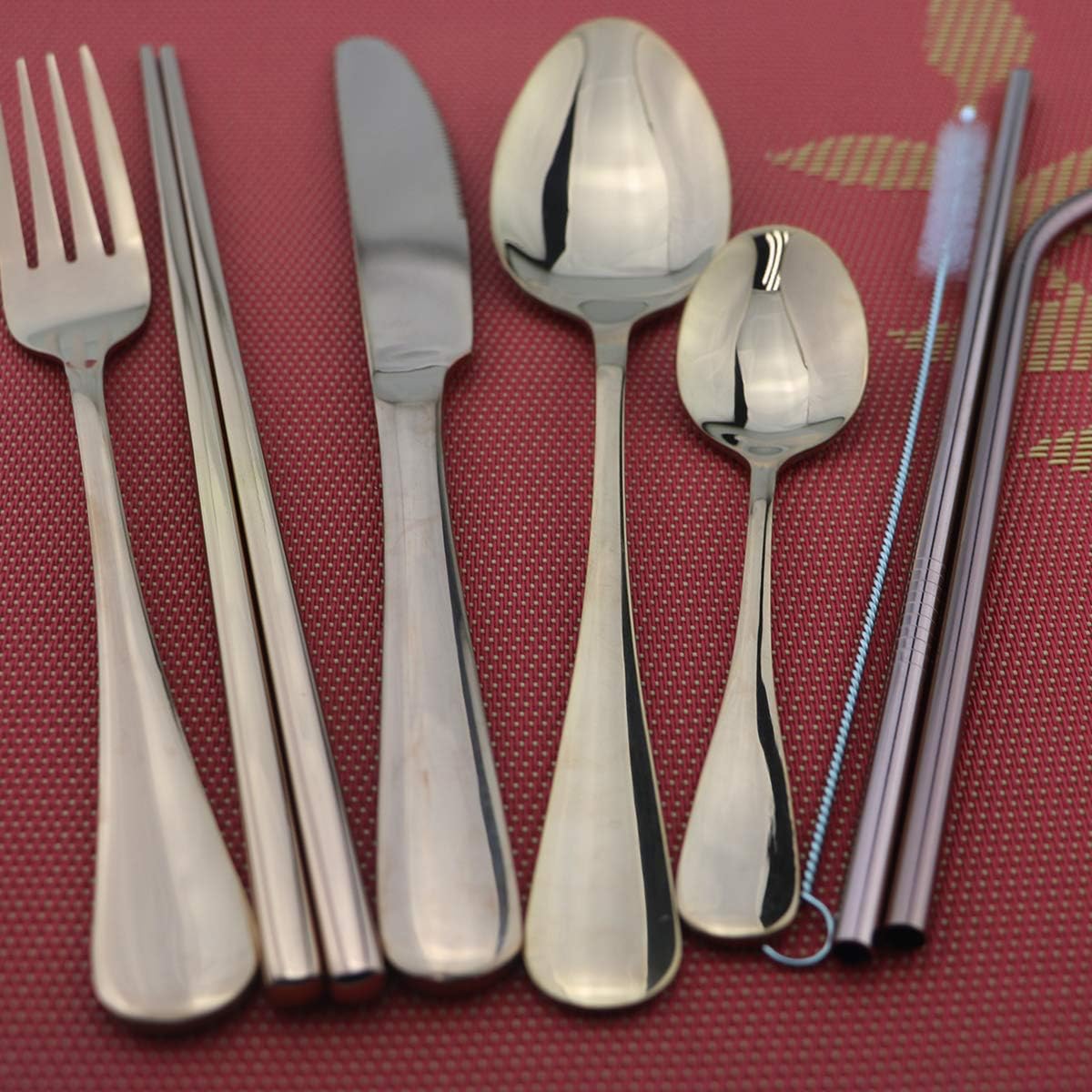 8 Pieces Stainless Steel Mirror Poblished Flatware Set Reusable Cutlery Set Travel Utensils Set with Straws for Camping Office or School Lunch,Dishwasher Safe (Rose Gold)