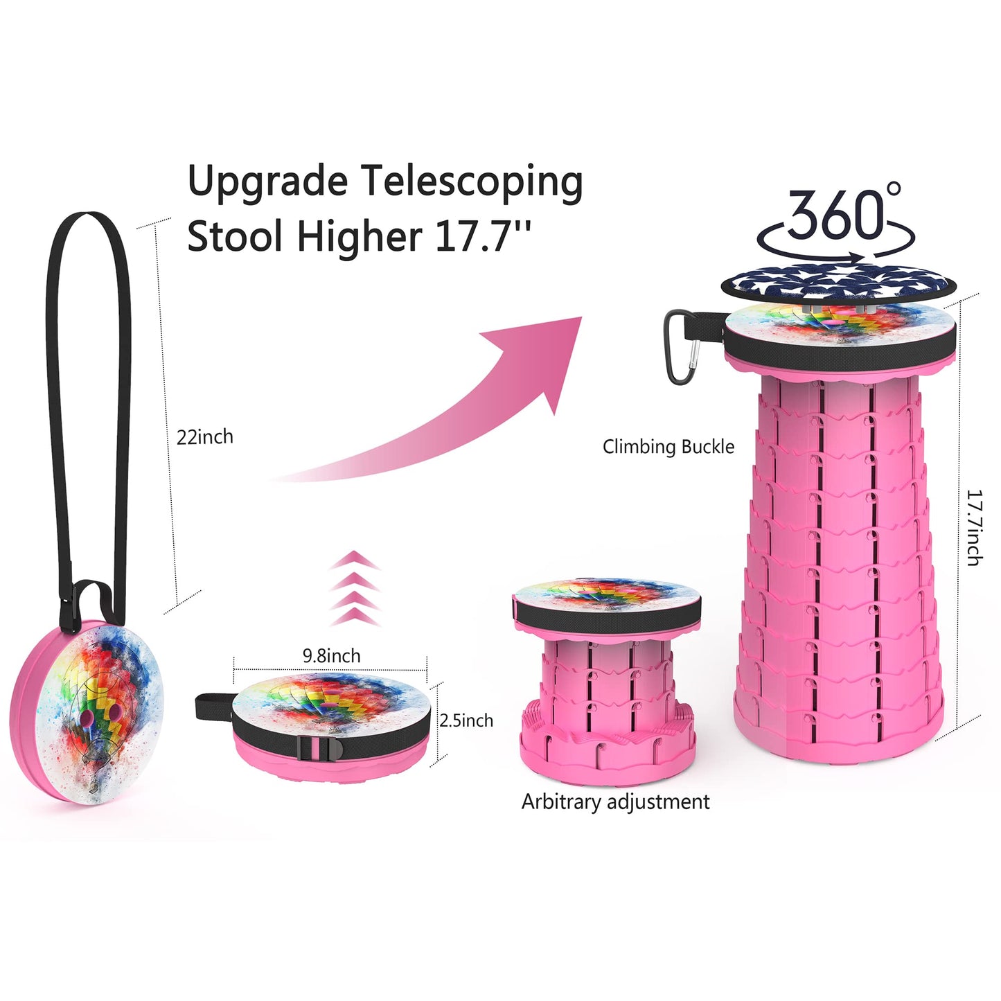 ALEVMOOM Upgraded Telescoping Collapsible Stool with Cushion, Folding Stool with Printing Portable Retractable Foldable Seat Max Load 550lbs for Adults Camping Fishing Outdoor