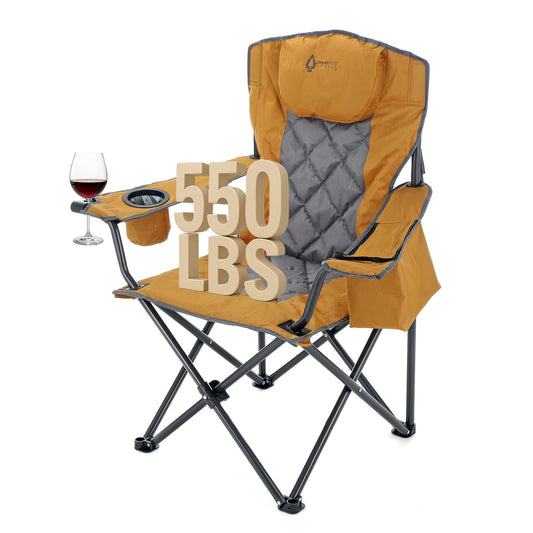 ARROWHEAD OUTDOOR Portable Deluxe Folding Camp Quad Chair w/Headrest, Glass & Cup Holders, Armest 6-can Cooler, Heavy Duty Carry Bag, 550 lbs Weight Capacity