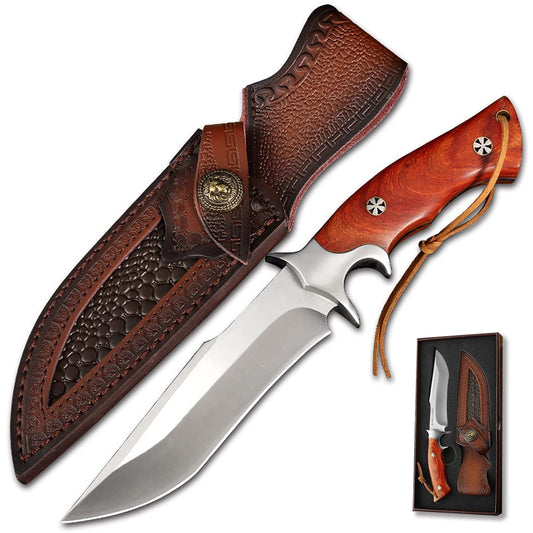 QIXENIO M390 Steel Handmade Hunting Knife, Fixed Blade Full-Tang with Leather Sheath, Red Wood Non-Slip Handle - Survival, Tactical, Camping knives