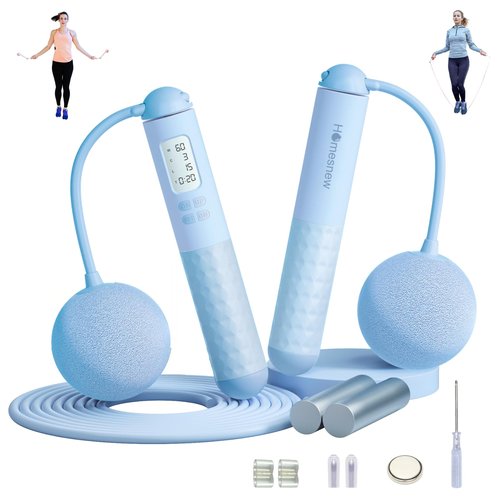 Ropeless Jump Rope with Calorie Counter, Weighted Jumping Rope for Fitness 2 In 1 with Ropeless Jump Ball and Adjustable Steel Rope, Smart Jump Rope for Fitness Jump Indoor and Outdoor (Blue)