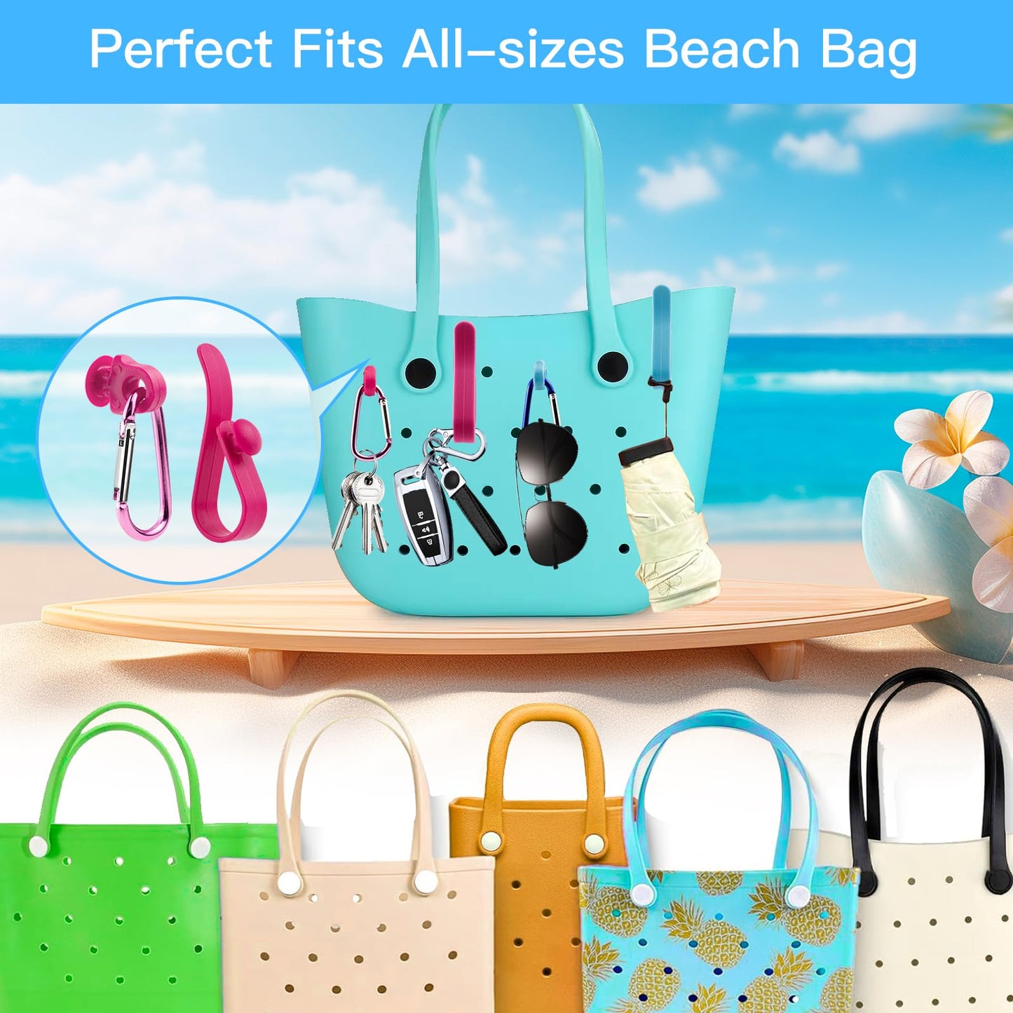 4 Pcs Hooks Set Accessories Compatible for Bogg Bag, Bogg Bag Accessories, Insert Carabiner Key Chain Holder Charms, Compatible for Small & Large Beach Bags (Blue)