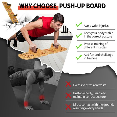 Wooden Portable Push up board, foldable fitness strength training pushup stand with solid bar grips, 2 handles for floor, professional push up training equipment for man and women, Brown