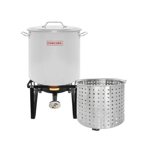 CONCORD Stainless Steel 100 QT Stock Pot w/Steamer Basket + Concord Deluxe Banjo Single Propane Burner, 200,000 BTU Portable Outdoor Stove