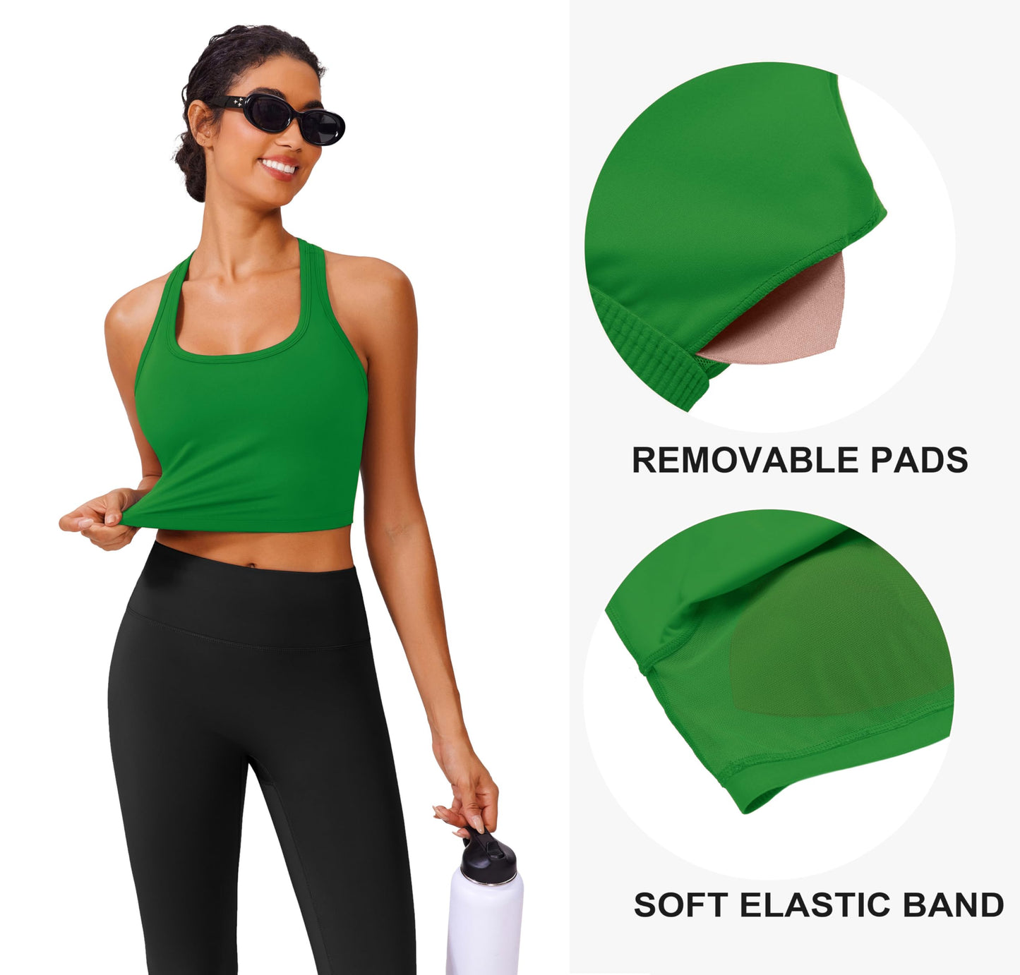 PINSPARK Sports Bras for Women Longline Workout Tops with Light Supportive Racerback Tank with Built in Bra Pilate Crop Top, Green Medium