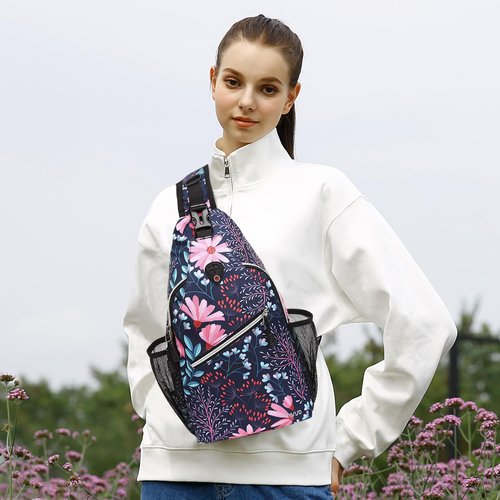 MOSISO Crossbody Sling Backpack, Portable Travel Hiking Daypack Chest Sling Bag Casual Daypack One Strap Chest Backpack for Women Men Outdoor Hiking Travel, Galsang Flower