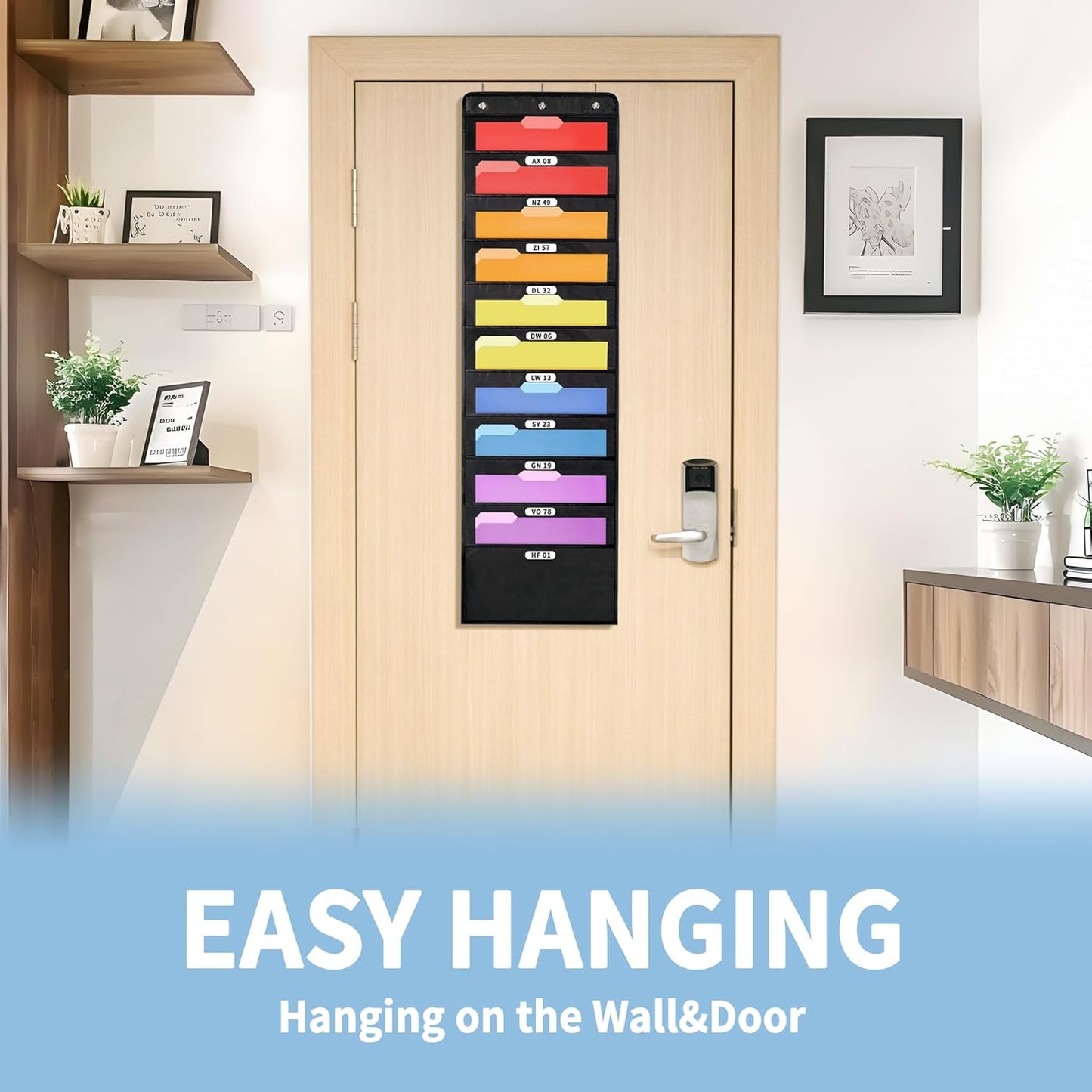 Annecy 10 Pockets Hanging Wall File Organizer, Black Storage Pocket Chart for File Folder and Paper, Space Saver for Office and Classroom, with Wall Hangers, Over The Door Hooks, Labels