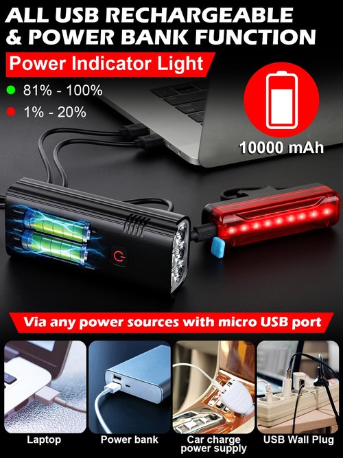 High Lumens Bike Lights Front and Back for Night Riding, 10000mAh USB Rechargeable 6 LED Bicycle Light, 5+5 Modes Bike Headlight and Tail Light Set Runtime 60+ Hrs, IPX5 Waterproof