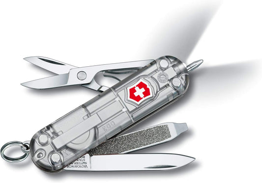 Victorinox Signature Lite Swiss Army Knife, Compact, 7 Functions, Swiss Made Pocket Knife with Pressurized Ballpoint Pen, LED and Key Ring - Silver Tech