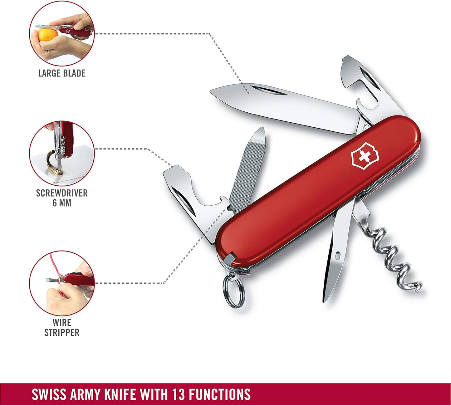 Victorinox Sportsman Swiss Army Knife, 13 Function Swiss Made Pocket Knife with Large Blade, Corkscrew and Wire Stripper - Red