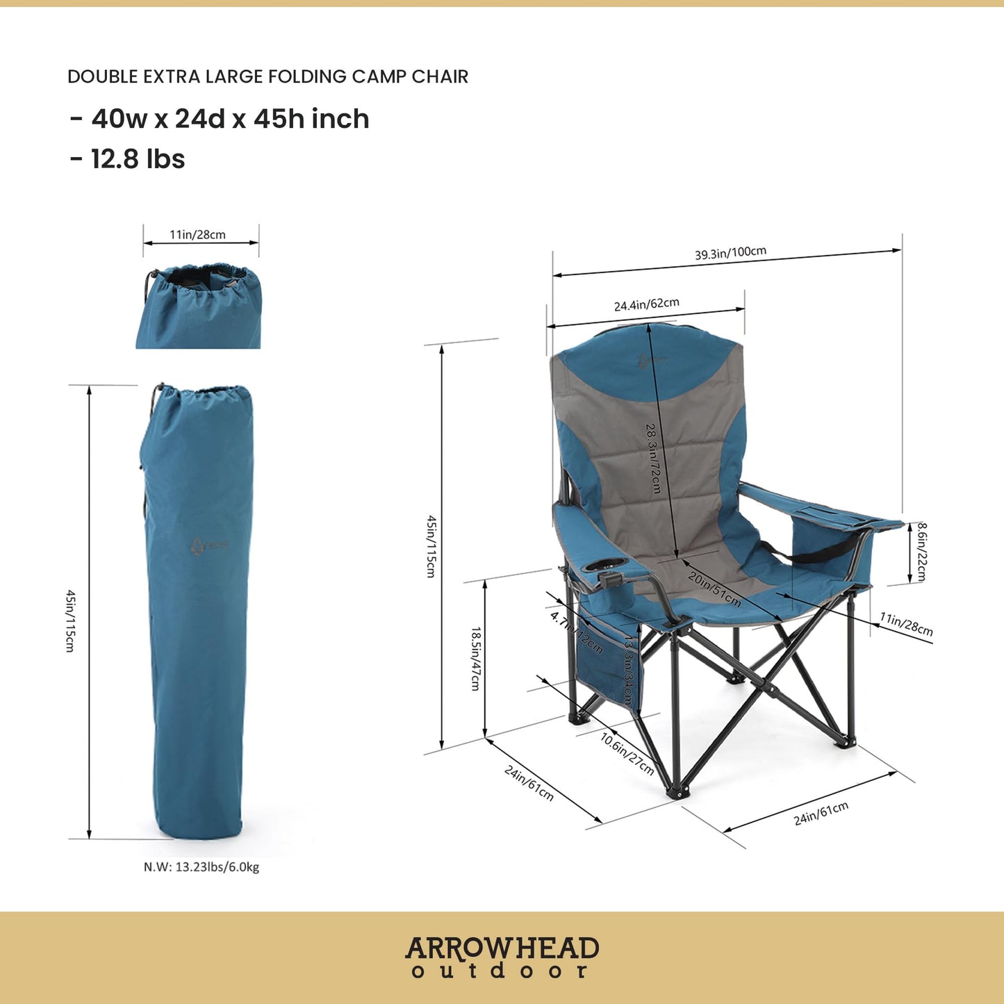 ARROWHEAD OUTDOOR Oversized XXL Portable Folding Camp Chair w/Glass & Cup Holders, Armrest Cooler, Heavy Duty Carry Bag, 600 lbs Weight Capacity