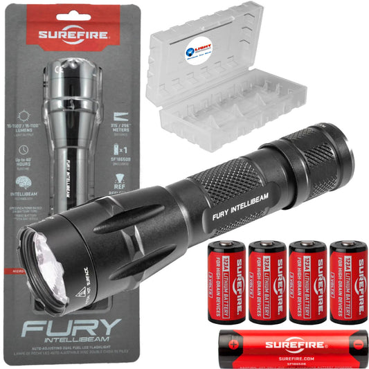 Sure Fire Fury Intellibeam 1500 Lumen Duel Fuel Tactical Flashlight, Bundle with 4 Extra 123A Batteries and Lightjunction Battery Case