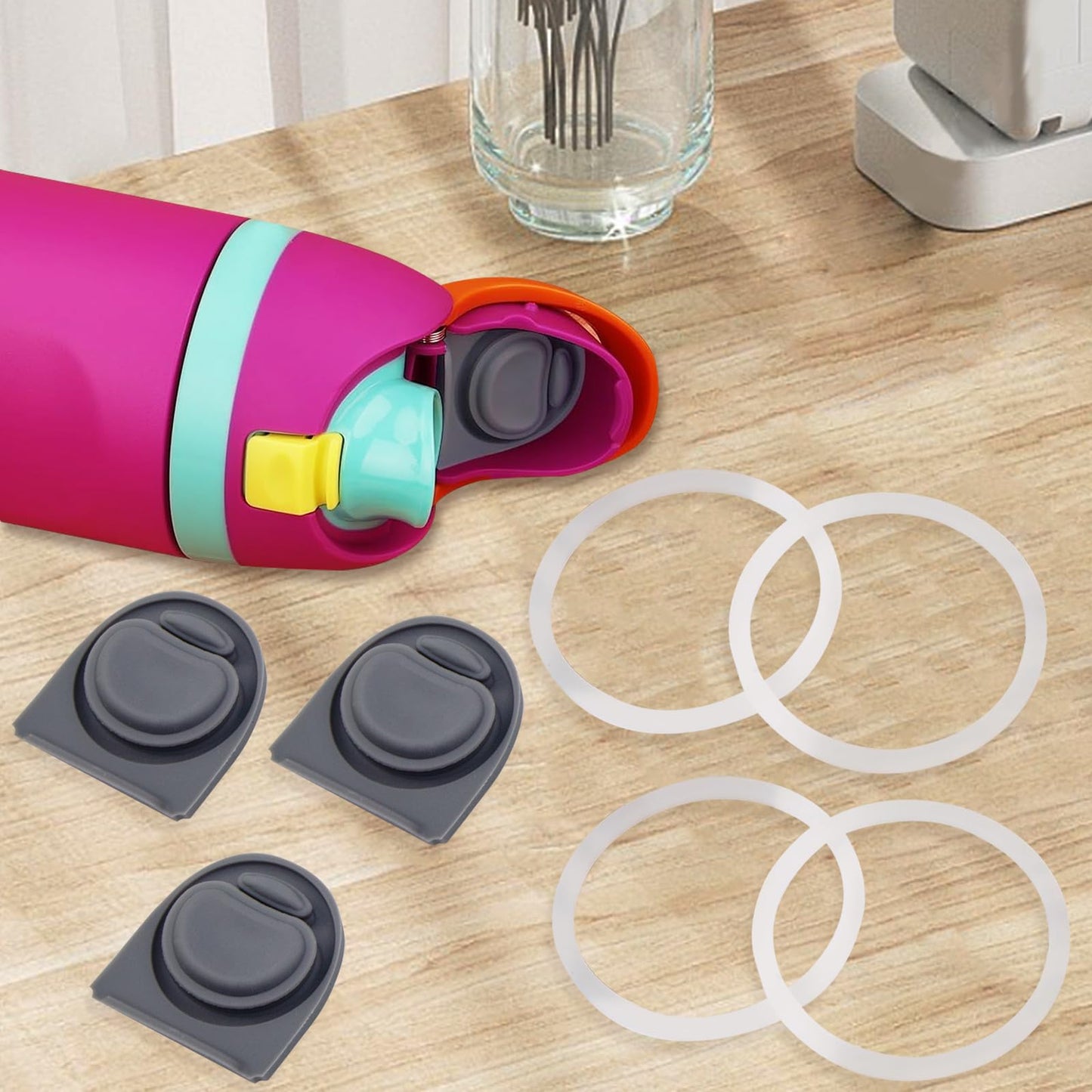 4 Sets Replacement Stopper and Ring Compatible with Owala FreeSip 24oz 32oz,Water Bottle Top Gasket Lid for Owala 16/19/24/32/40oz Seal Bottle Mouth Cap Stopper Silicone Parts Accessories (Grey)