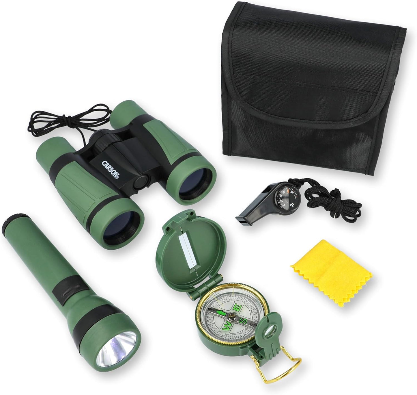 Carson AdventurePak Containing 30mm Kids Field Binoculars, Lensatic Compass, Flashlight and Signal Whistle with a Built-in Thermometer (HU-401), Multicolor
