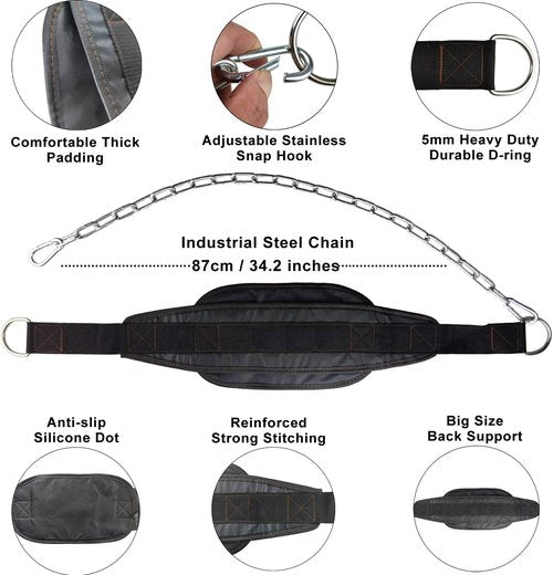HemeraPhit Weighted Chin Up Belt with Chain Dip Belt Powerlifting Strength Training Pull Up Belt Waist Back Support