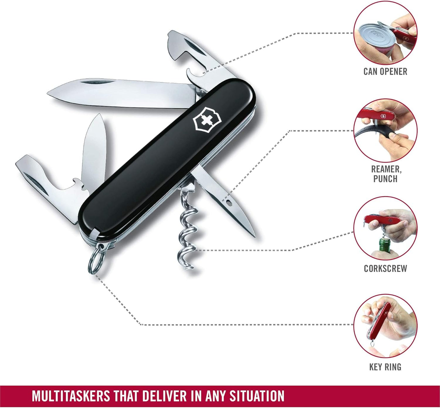Victorinox Spartan Swiss Army Knife, 12 Functions, Swiss Made Pocket Knife with Corkscrew, Can Opener and Screwdriver - Black