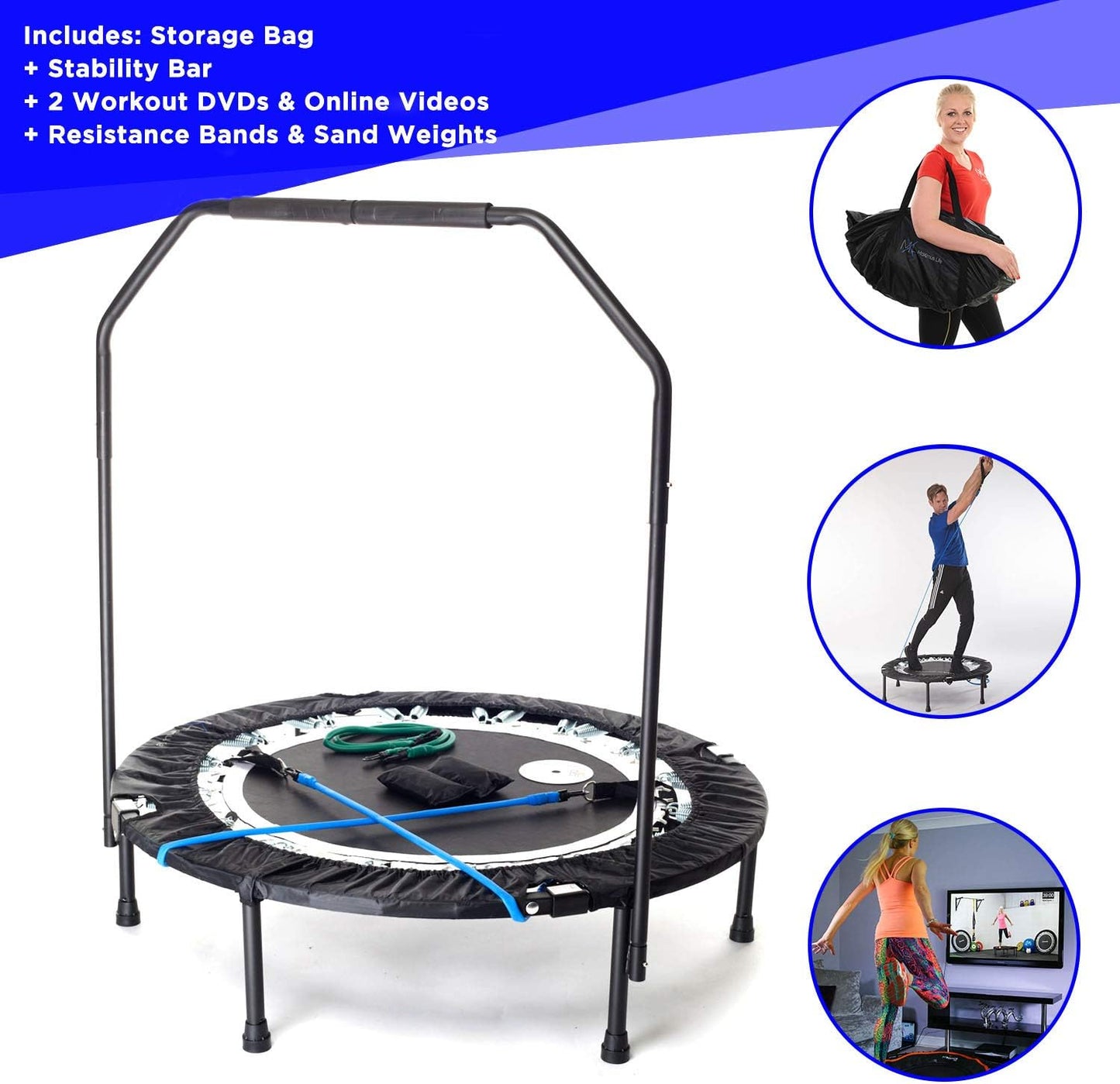 MXL Maximus PRO Folding Rebounder – Premium 40” Indoor Mini Trampoline with Bar for Adults and Kids, Fitness & Weight Loss, Folding Frame, Stability Bar, DVD & Online Workouts, 310lb