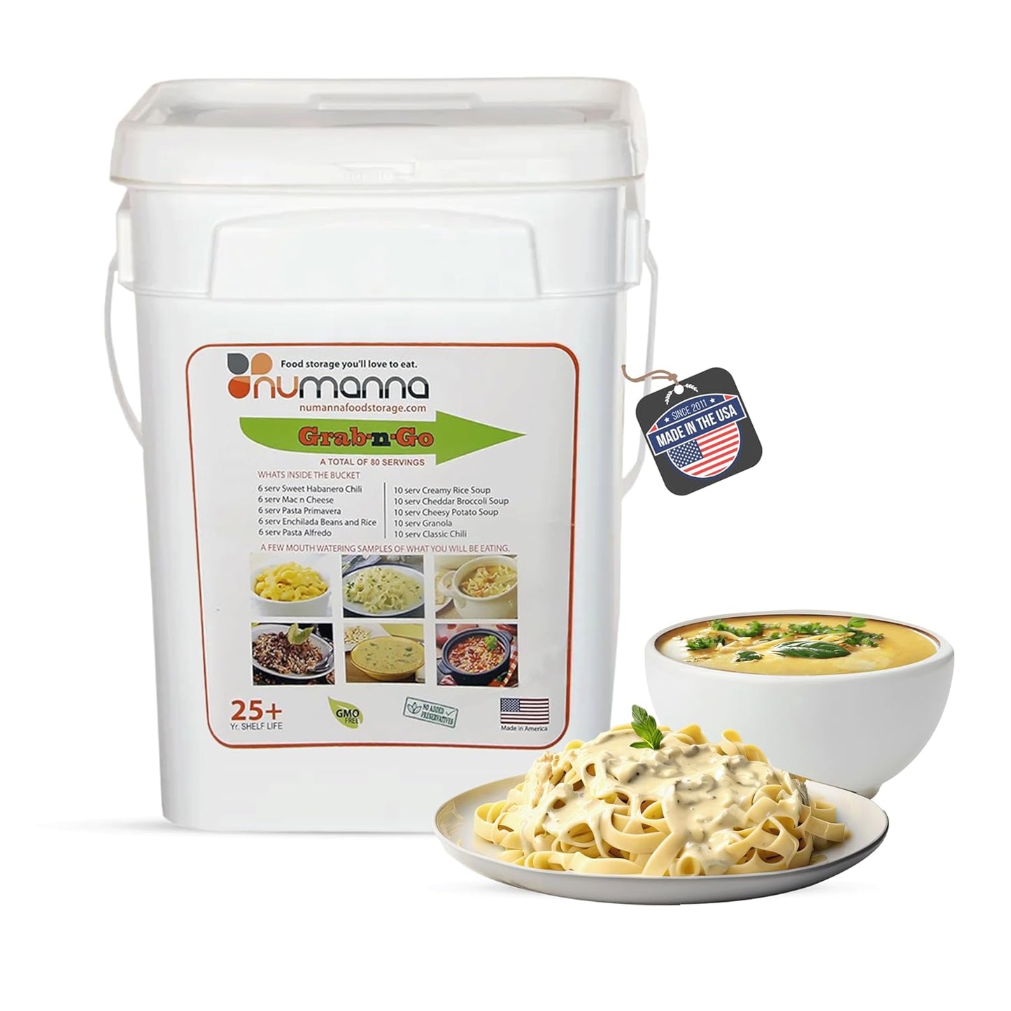 NuManna 80 Servings Grab-n-Go Bucket | 12 lbs Freeze-Dried Meals | 25+ Year Shelf Life | Emergency & Camping Food Kit | Ready-to-Eat Pantry Essentials